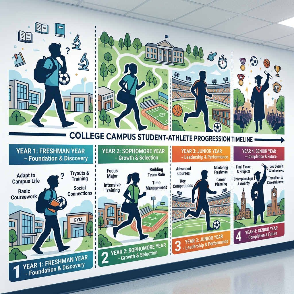 College student-athlete progression timeline from freshman to senior year with activities and goals