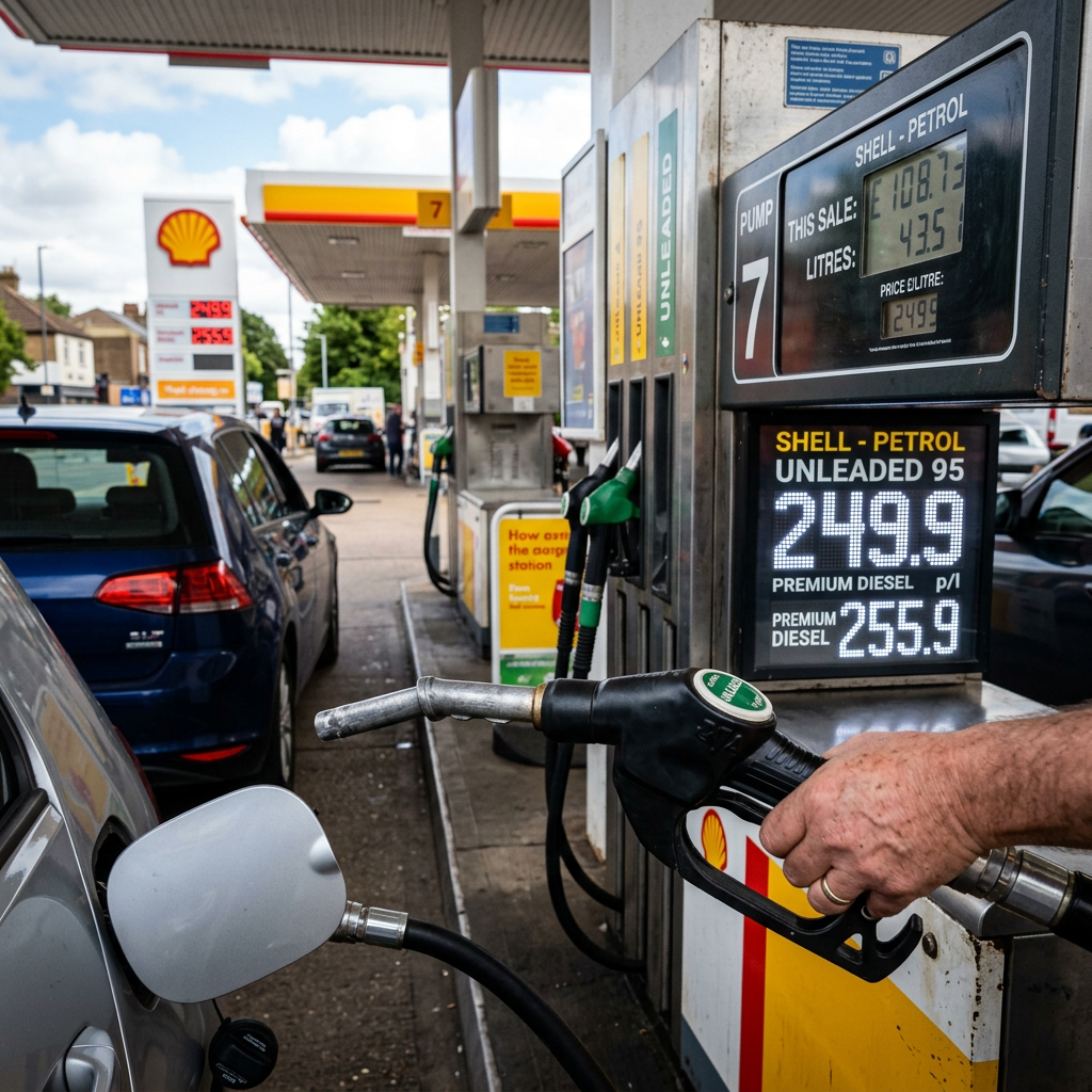 Fuel pump at Shell station displaying petrol and diesel prices with hand holding nozzle fueling a car