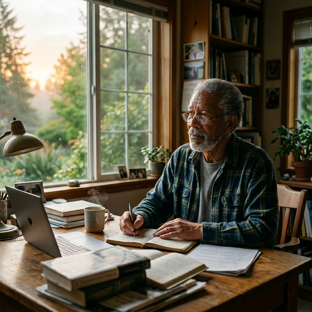 Older man writing in notebook at desk surrounded by books and laptop