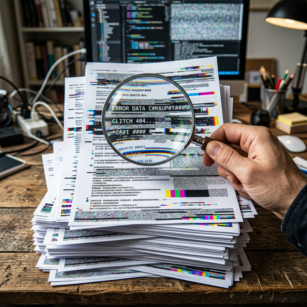 Printed computer error report with magnified text showing glitch and error messages