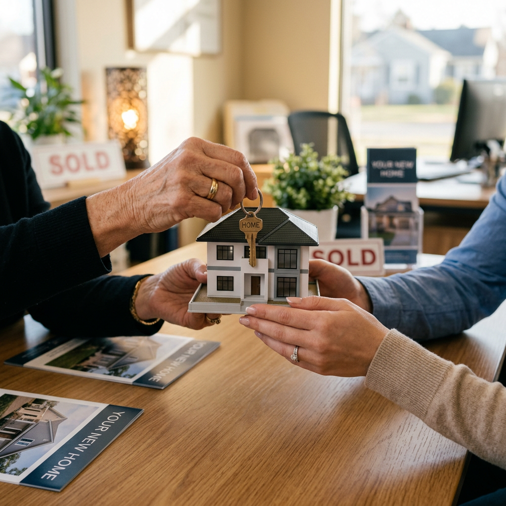 Hand holding a key labeled HOME over a small model house being held by another person