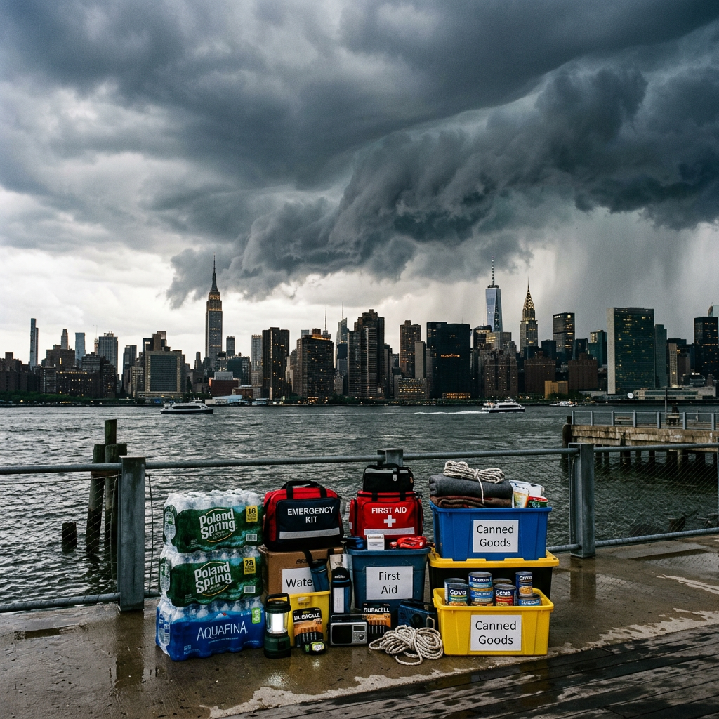 Stack of emergency supplies including water bottles, first aid kits, canned goods, flashlights, and blankets with a city skyline and storm clouds in background