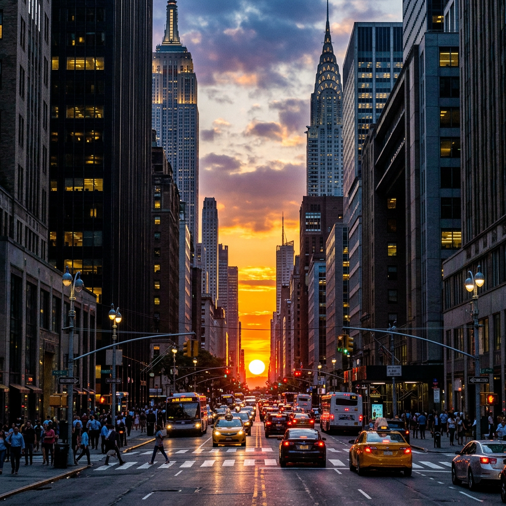Sunset over busy 42nd Street in Manhattan with Empire State and Chrysler Buildings