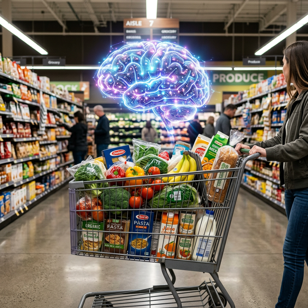 Grocery cart filled with fresh produce and packaged foods under a digital brain overlay