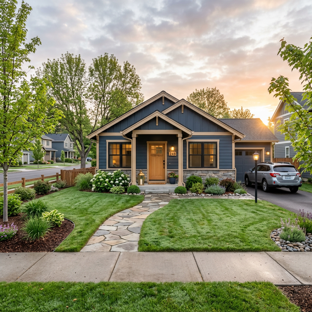 Blue single-story house with front garden, stone walkway, and car parked in driveway at sunset