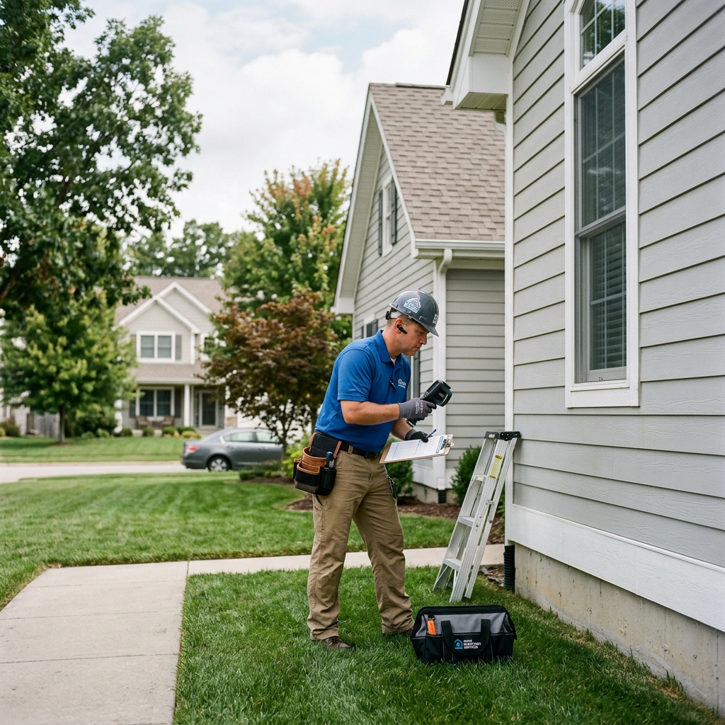 Home inspector wearing blue shirt and hard hat using thermal imaging camera near house exterior