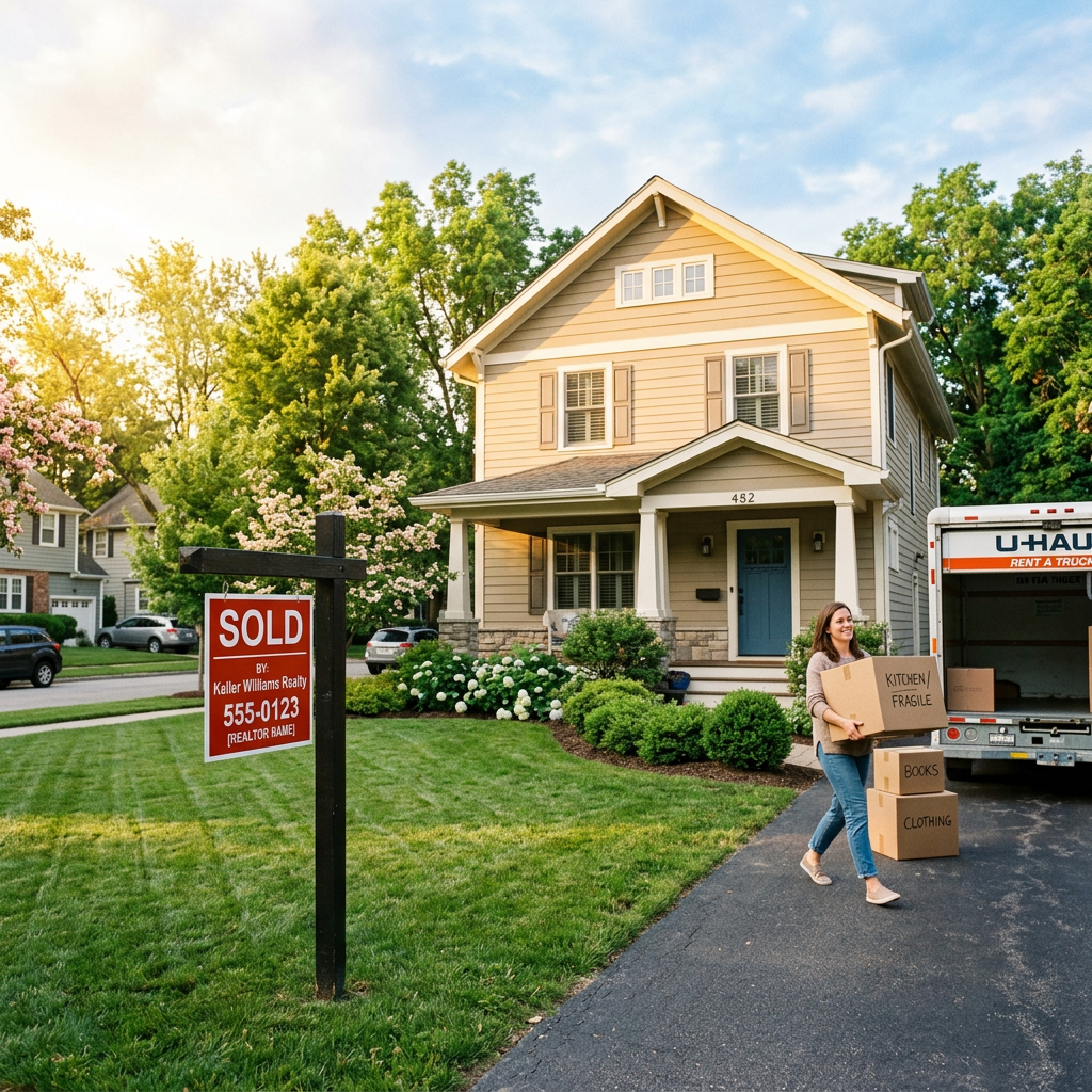 Woman carrying labeled moving boxes from U-Haul truck to new house