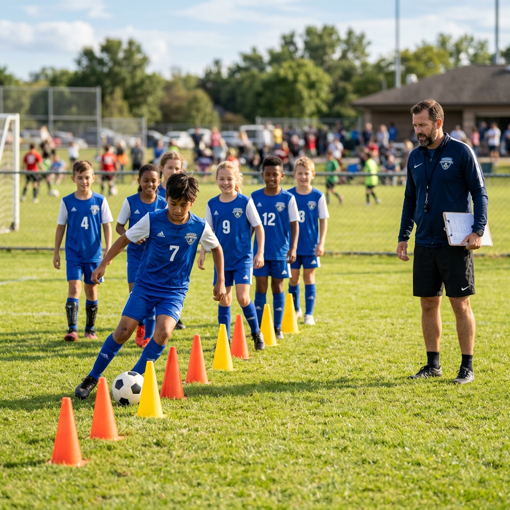 Children in blue soccer uniforms dribbling a ball through cones on a grass field while a coach observes