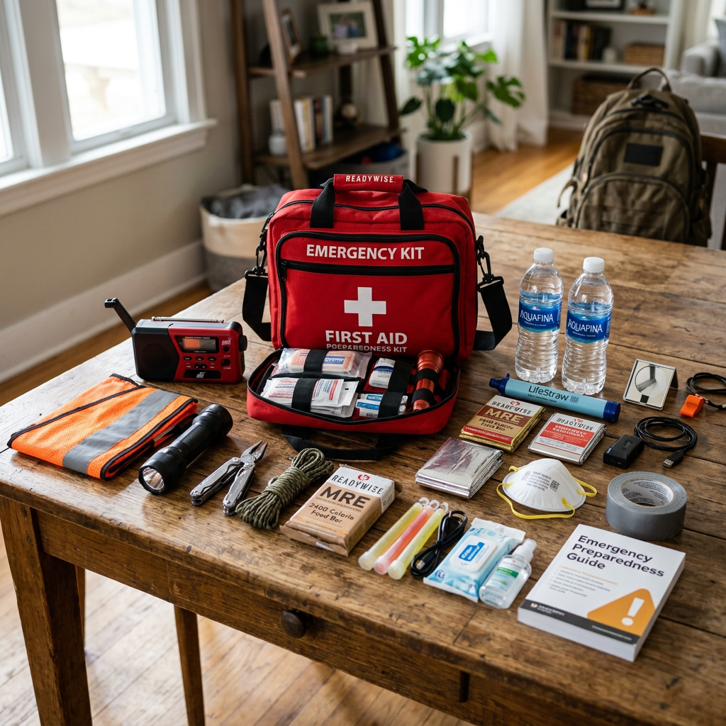 Red emergency first aid kit bag surrounded by water bottles, flashlight, multi-tool, radio, food bars, mask, duct tape, and emergency guide
