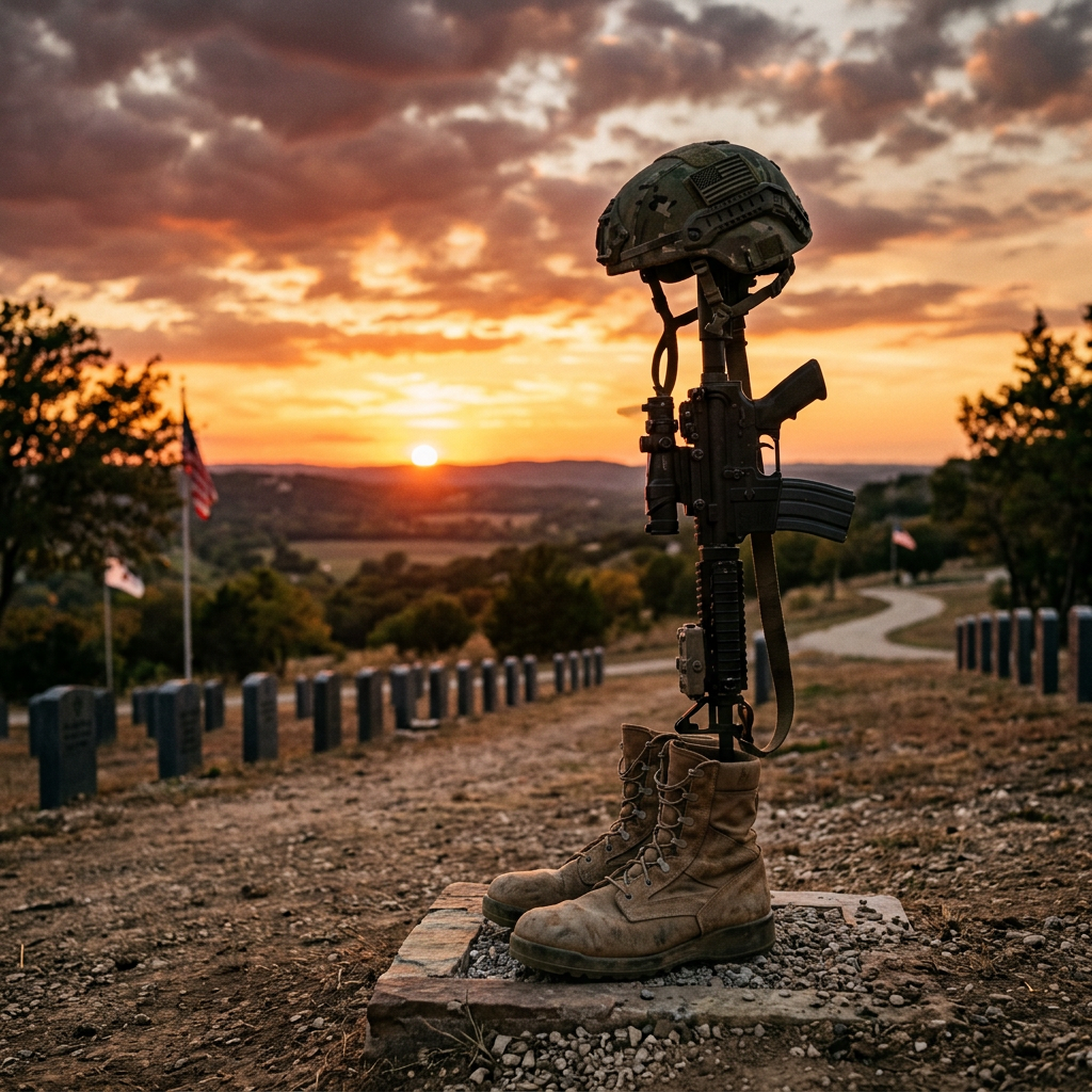 Battlefield cross memorial with military boots, rifle, and helmet in a cemetery at sunset