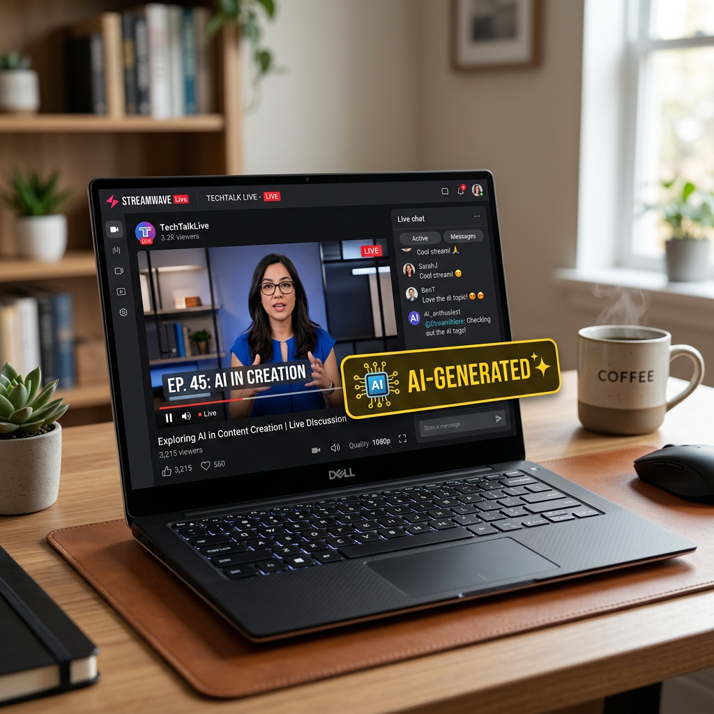 Laptop displaying a live stream titled 'EP. 45: AI IN CREATION' with a woman speaking and live chat messages visible