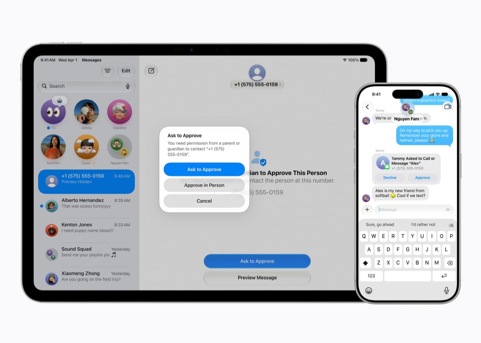 Tablet and phone screens showing a messaging app; a central 'Ask to Approve' permission dialog with blue buttons and chat lists around it on both devices.