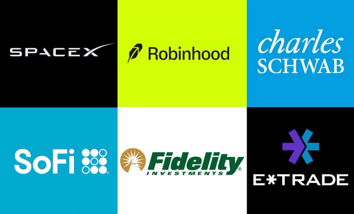Logo grid showing SpaceX, Robinhood, Charles Schwab, SoFi, Fidelity Investments and E*TRADE.