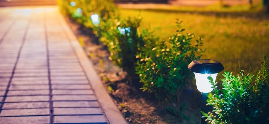 Nighttime sidewalk with warm garden lights along a hedge edge.