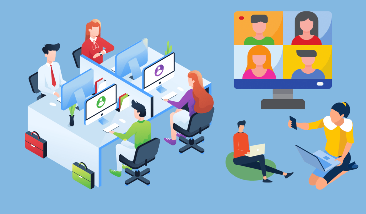 Office scene with workers at desks and a large monitor showing a four-person video call, representing remote collaboration.