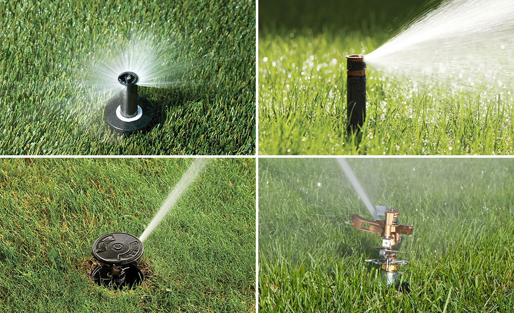 Four lawn sprinklers spraying water on green grass from different angles, forming a collage of irrigation patterns.