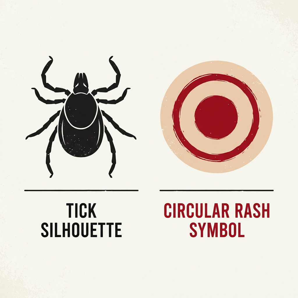 Black tick silhouette next to red circular rash symbol
