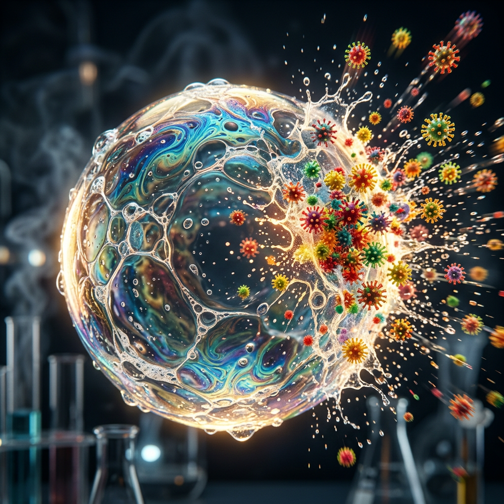 A virus particle bursting out from a large iridescent cell membrane with colorful virus structures spreading outward