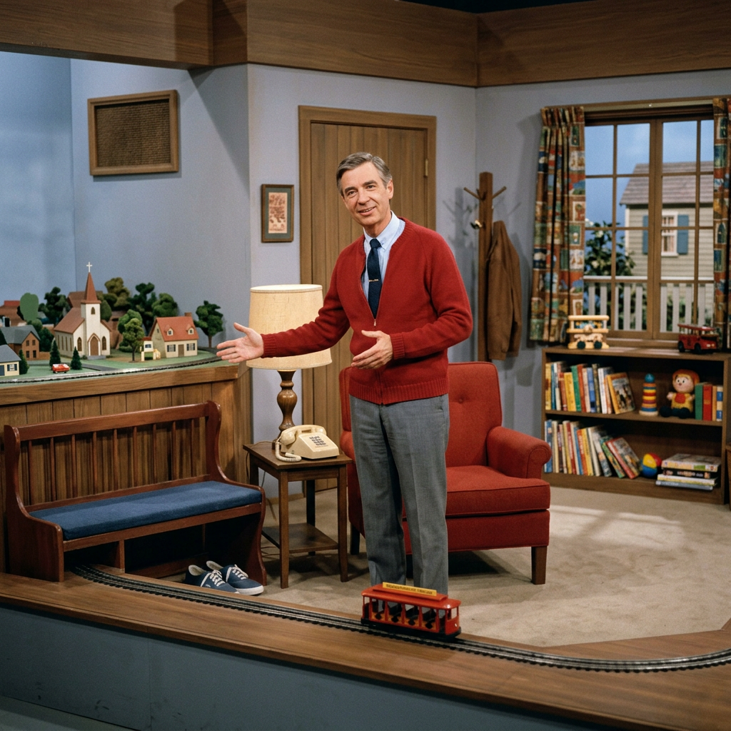 Fred Rogers standing in a living room next to a miniature model neighborhood and a toy train on tracks