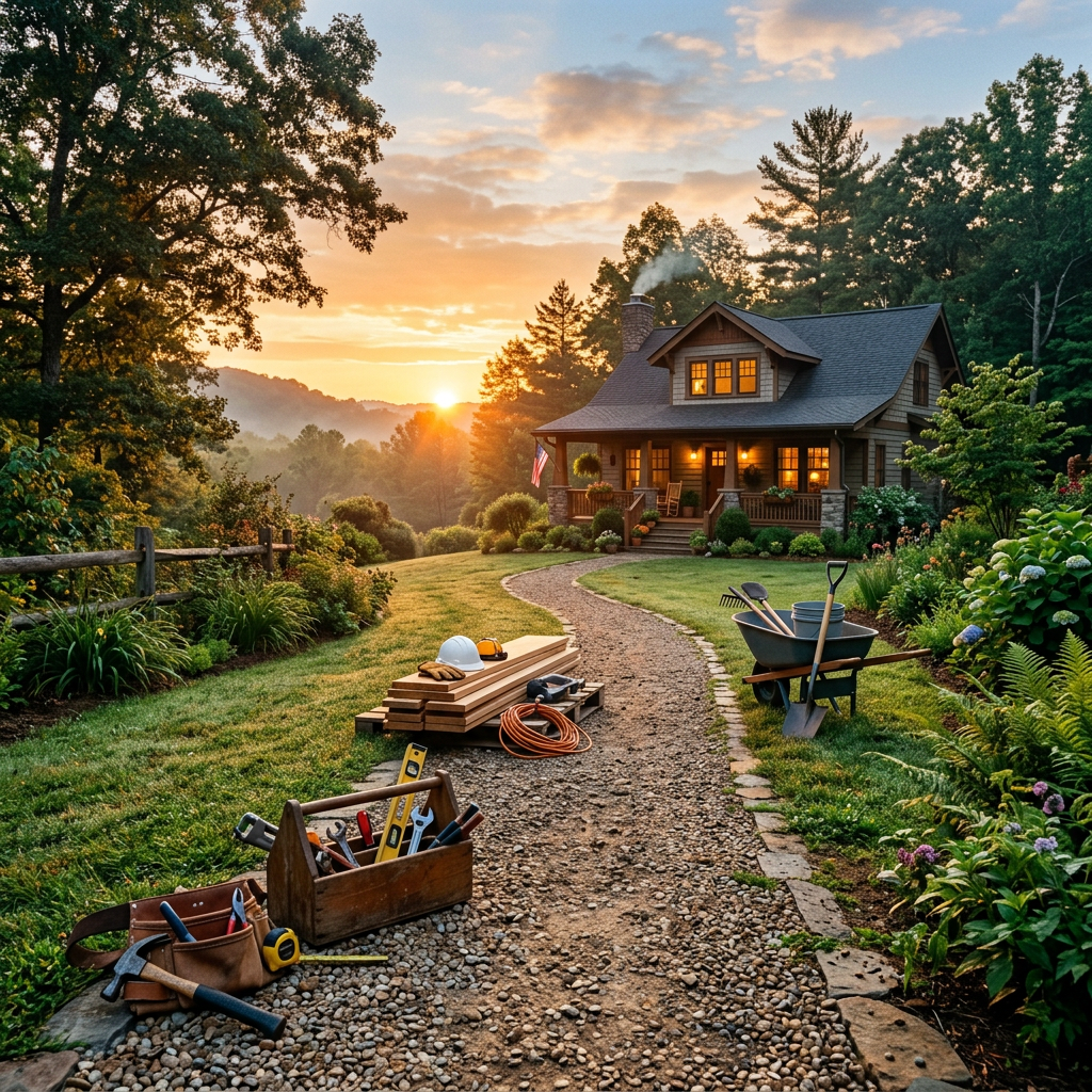 Cottage with lit windows at sunrise and tools on a gravel path