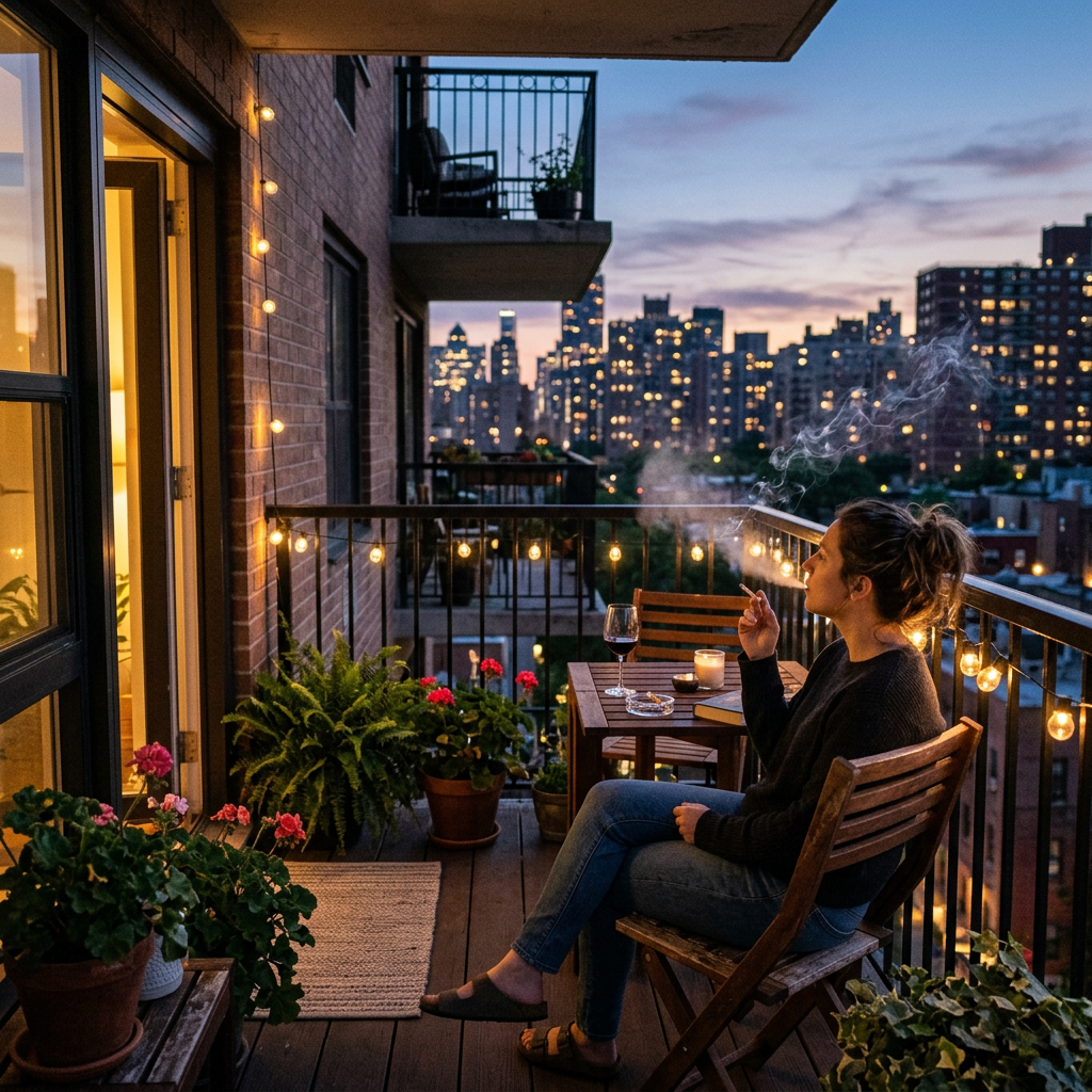 Woman smoking on balcony with city skyline at dusk, surrounded by plants and string lights