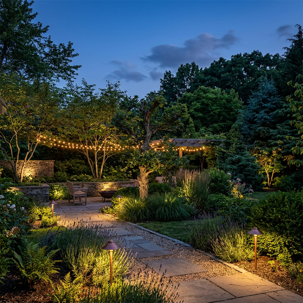 Garden patio at dusk with string lights, pathway lamps, and lush greenery