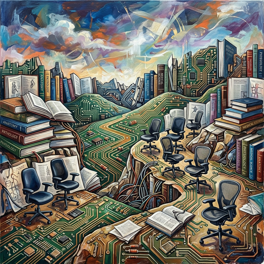 A surreal landscape combining medical textbooks, circuit board patterns, and office chairs