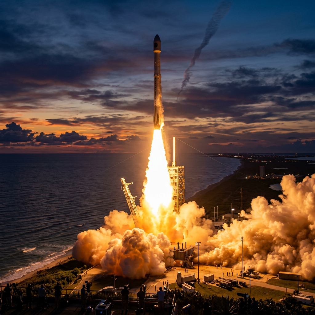 Rocket launching from coastal launch pad with bright flames and smoke