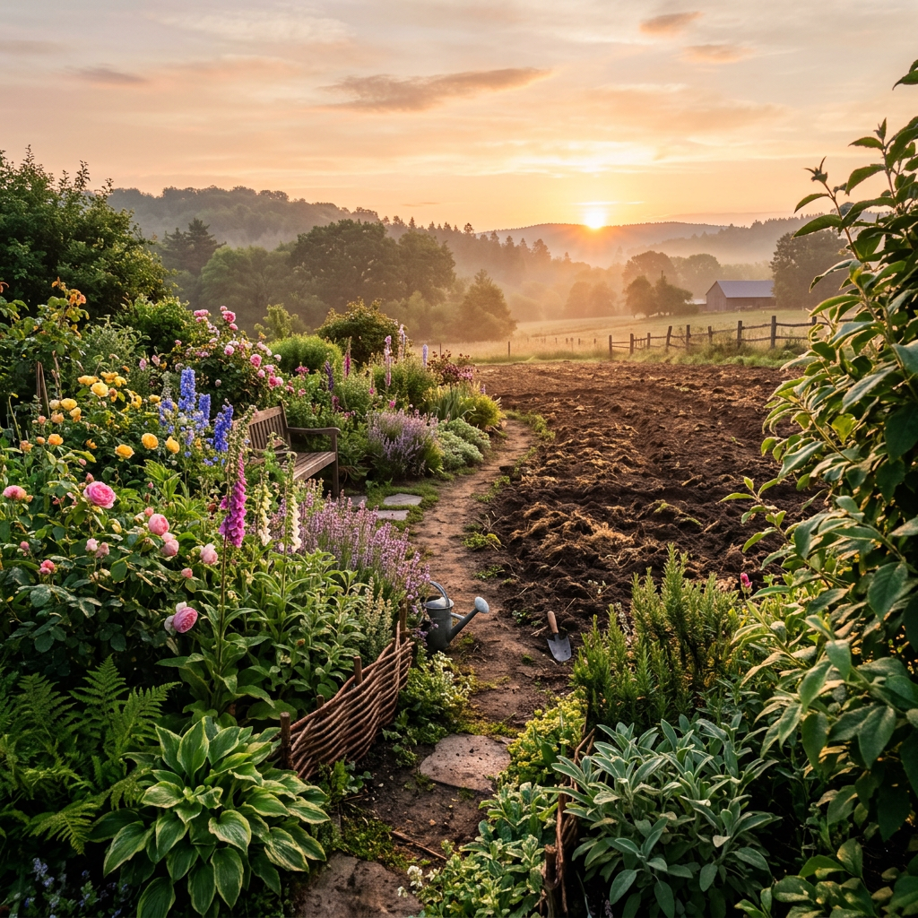 Garden path with colorful flowers next to tilled farmland under a sunrise