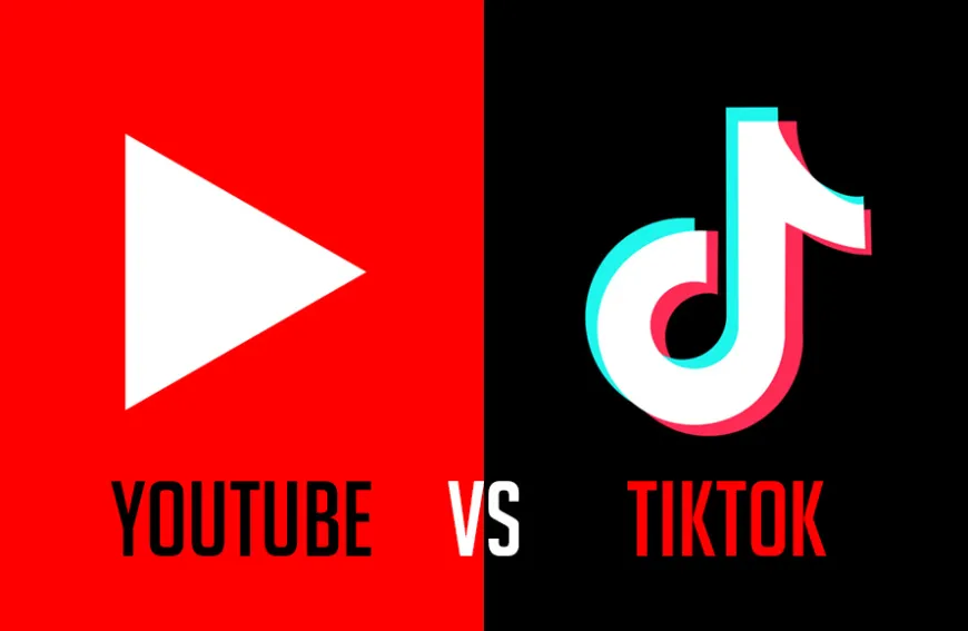 YouTube vs TikTok logos split left red with play icon, right black with TikTok logo, and a VS in the middle—a platform comparison image.