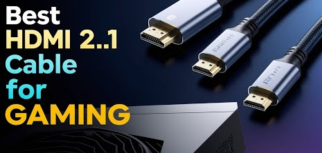 Banner promoting Best HDMI 2.1 Cable for Gaming with three HDMI cables on a dark gradient background