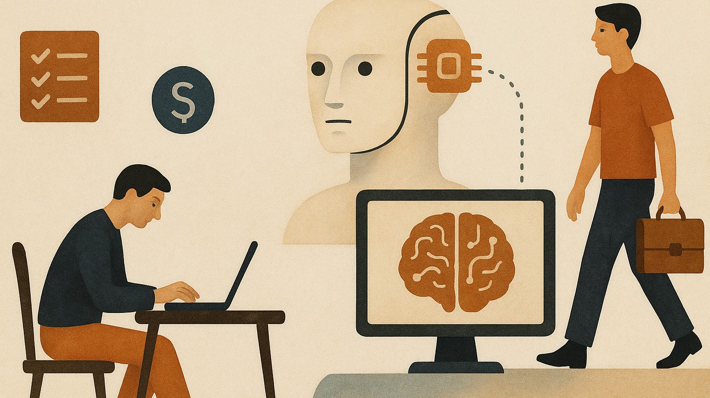 Illustration of a person at a desk with a laptop, a brain on a monitor, and a robotic head representing AI at work.
