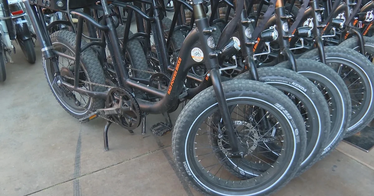 Row of black fat-tire bicycles parked closely together, displaying thick knobby tires and frames with Rad Power Bikes branding on the downtubes.