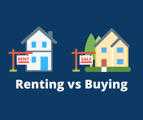Two houses side-by-side on a blue background; left has a Rent sign, right has a Sale sign, with the title 'Renting vs Buying' underneath.