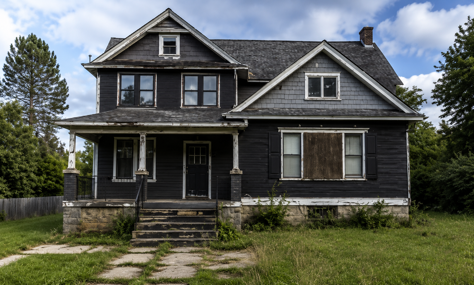 Abandoned two-story wooden house with peeling paint and boarded-up window, on a grassy lot under a blue sky and clouds