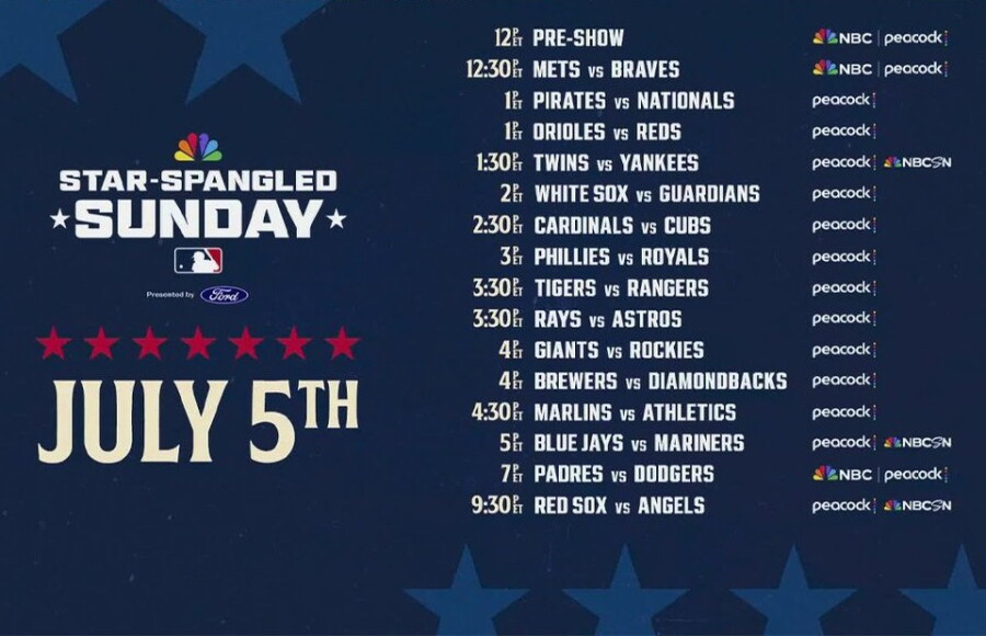 Star-Spangled Sunday poster showing July 5 with a list of baseball game times and matchups, plus network logos (NBC/Peacock).
