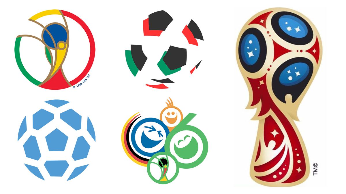 Six soccer logos in a collage: the 1999 FIFA World Cup emblem, a fragmented ball, the 2010 World Cup trophy, a blue soccer ball made of hexes, a colorful multi-emblem design, and a tall stylized World Cup trophy.